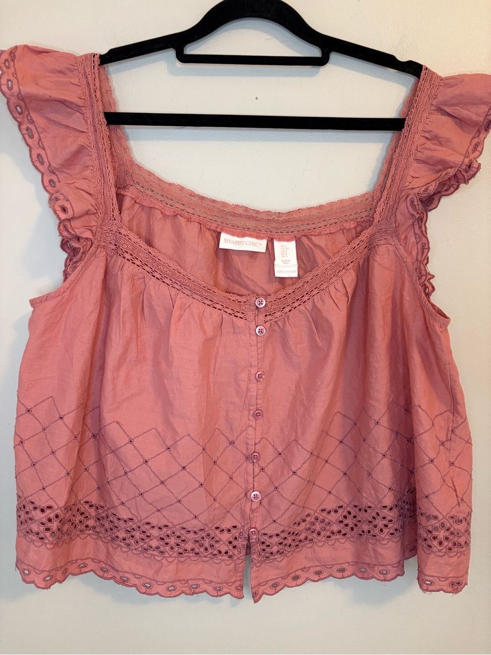 Shabby Chic Pink Eyelet Embroidered Cotton Crop Top Size Small